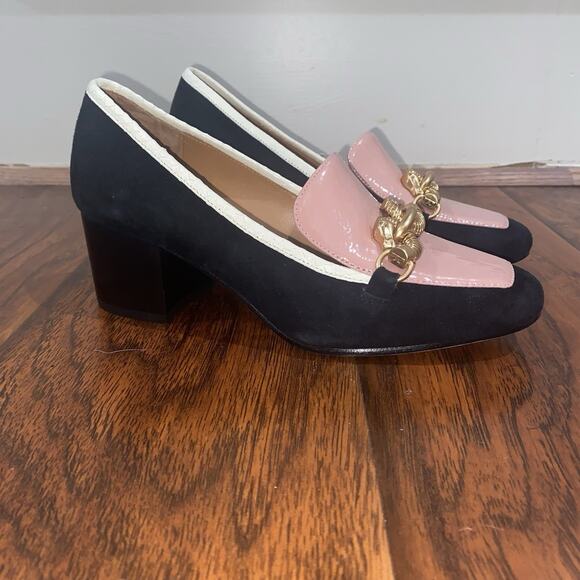 TORY BURCH Jessa Mid Heel Pump Loafers 5 Black Suede Pink Leather Slip On Gold - Picture 6 of 9